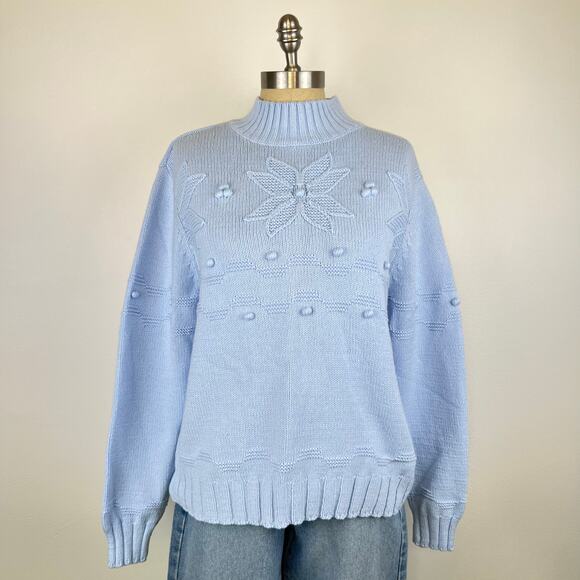 Vintage Croft and Barrow Blue Poinsetta Knitted Mock Neck Pullover Sweater (XL) - Picture 12 of 12